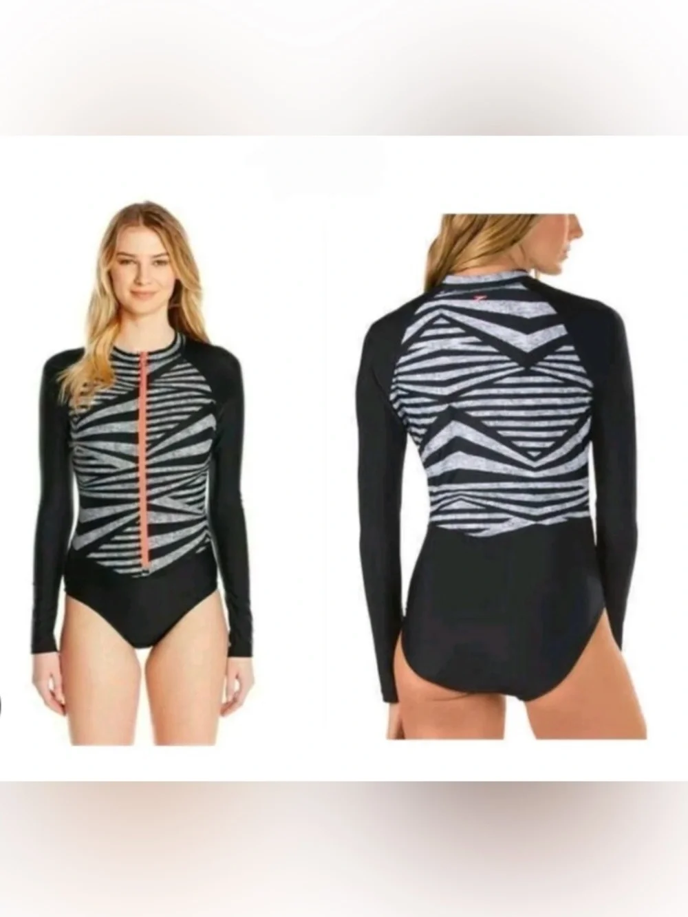 Speedo long sleeve Black Gray Swimsuit Coral Zip Sz S beach pool travel vacation
